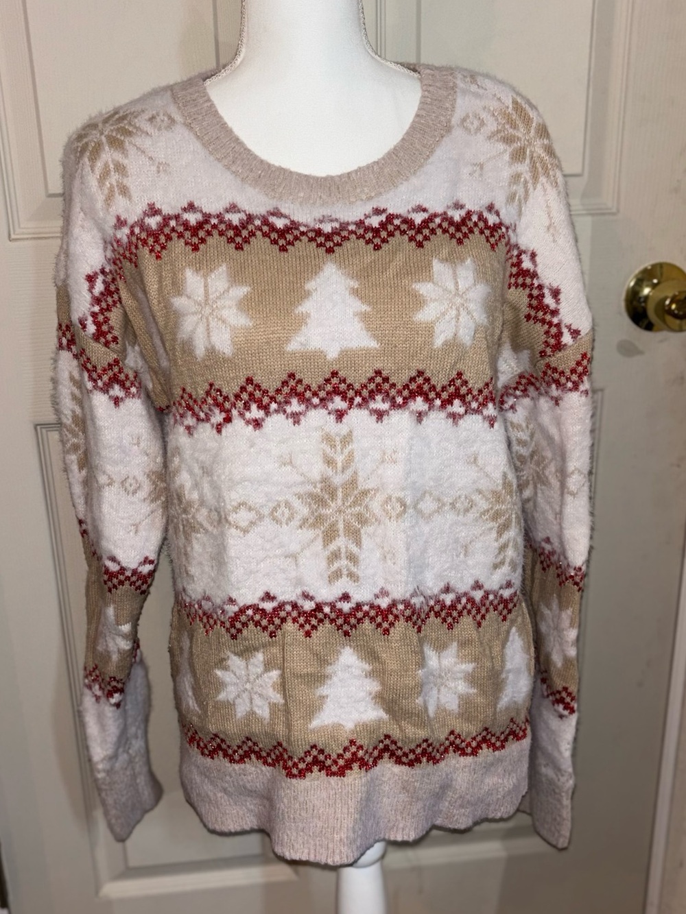 Holiday Time Cream, Tan and Red Fair Isle Crewneck Sweater
